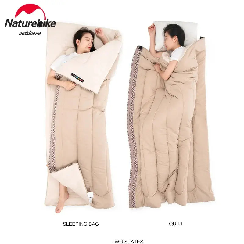 Naturehike ultralight cotton sleeping bag and quilt shown with two users in outdoor setting, highlighting versatility and comfort.