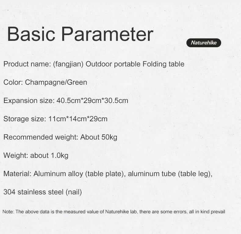 Naturehike portable aluminum alloy folding table specifications including size, weight, and material details for outdoor use.