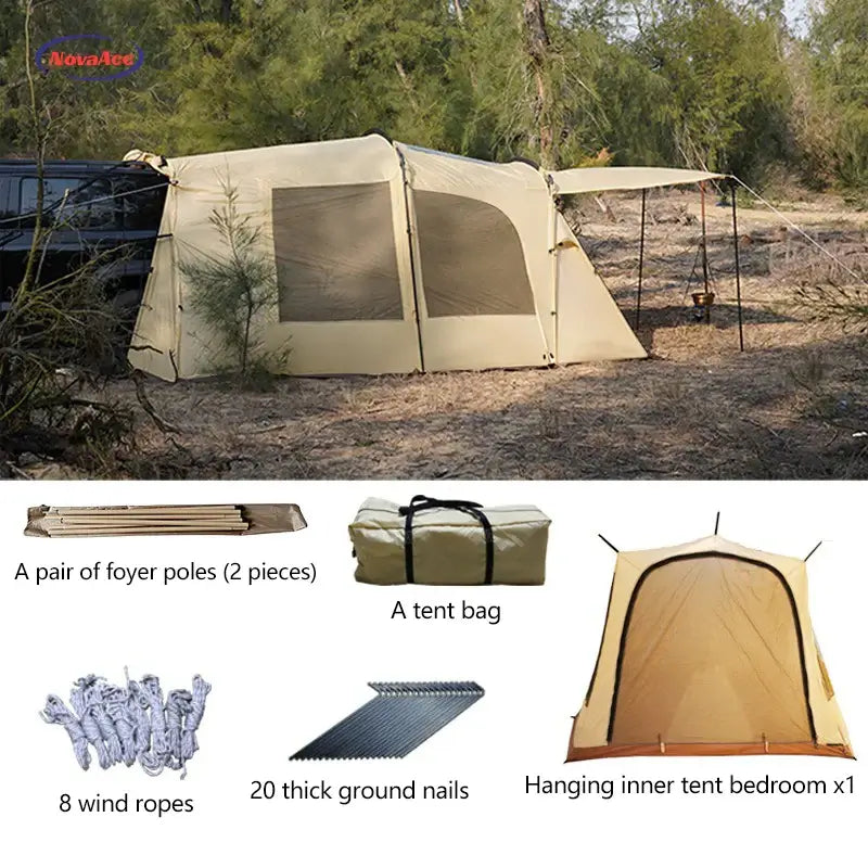 Tan trunk camping tent setup with accessories, including poles, wind ropes, ground nails, and inner tent for outdoor adventures.