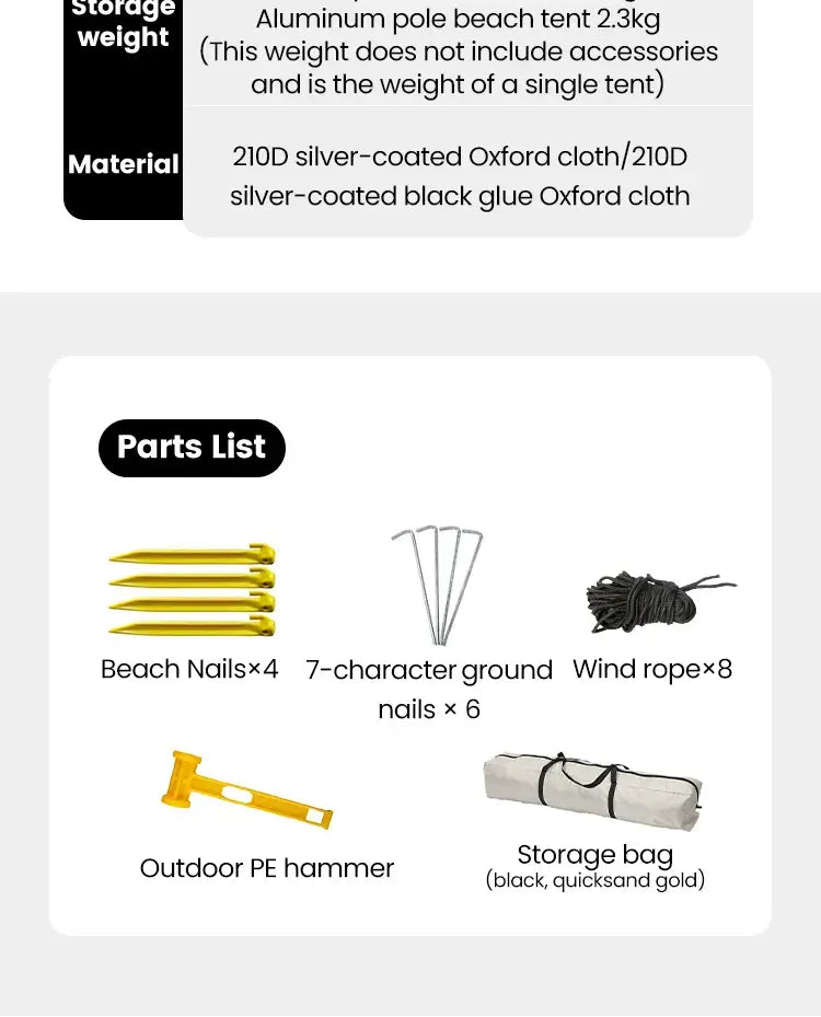 Parts list and materials for aluminum pole beach tent, including nails, wind ropes, hammer, and storage bag.