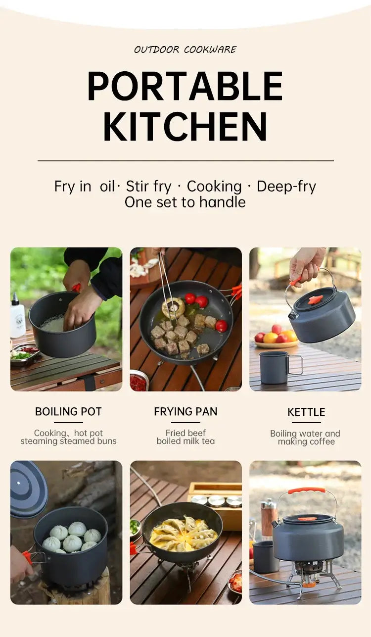 Camping cookware set for 2-3 people portable outdoor tableware for hiking picnicking travel cooking utensils kettle pot set