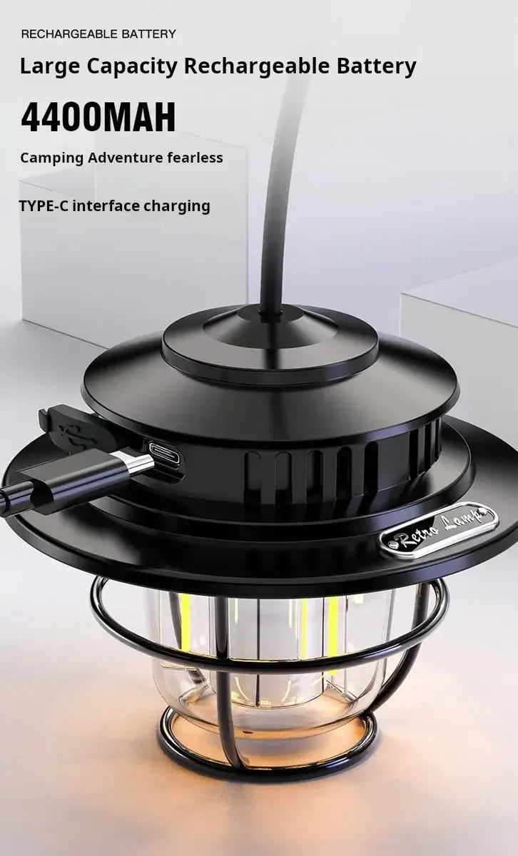 LED Camping Lamp Retro Hanging Lamp Portable Stepless Dimming Camping Light Waterproof Rechargeable Outdoor Light Lantern