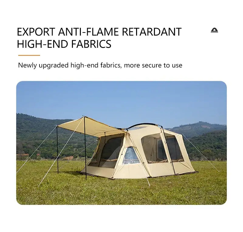 Anti-flame retardant camping tent made with high-end fabrics set against a scenic background.