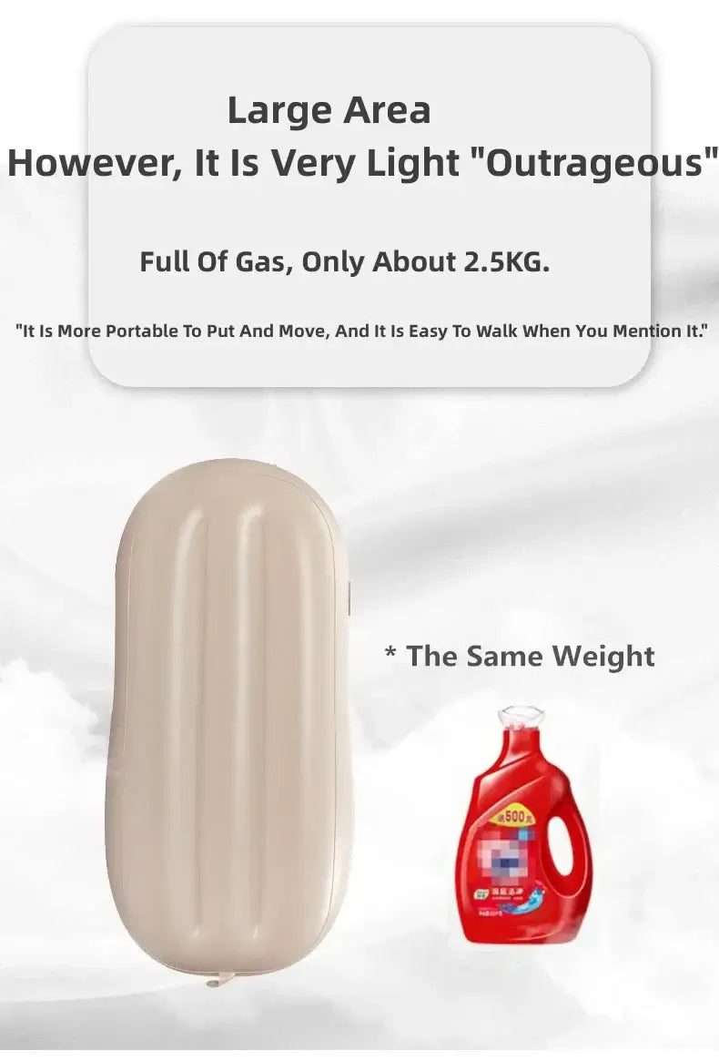 Fast inflatable air mattress comparison with detergent bottle, showcasing large size yet lightweight design of 2.5KG.