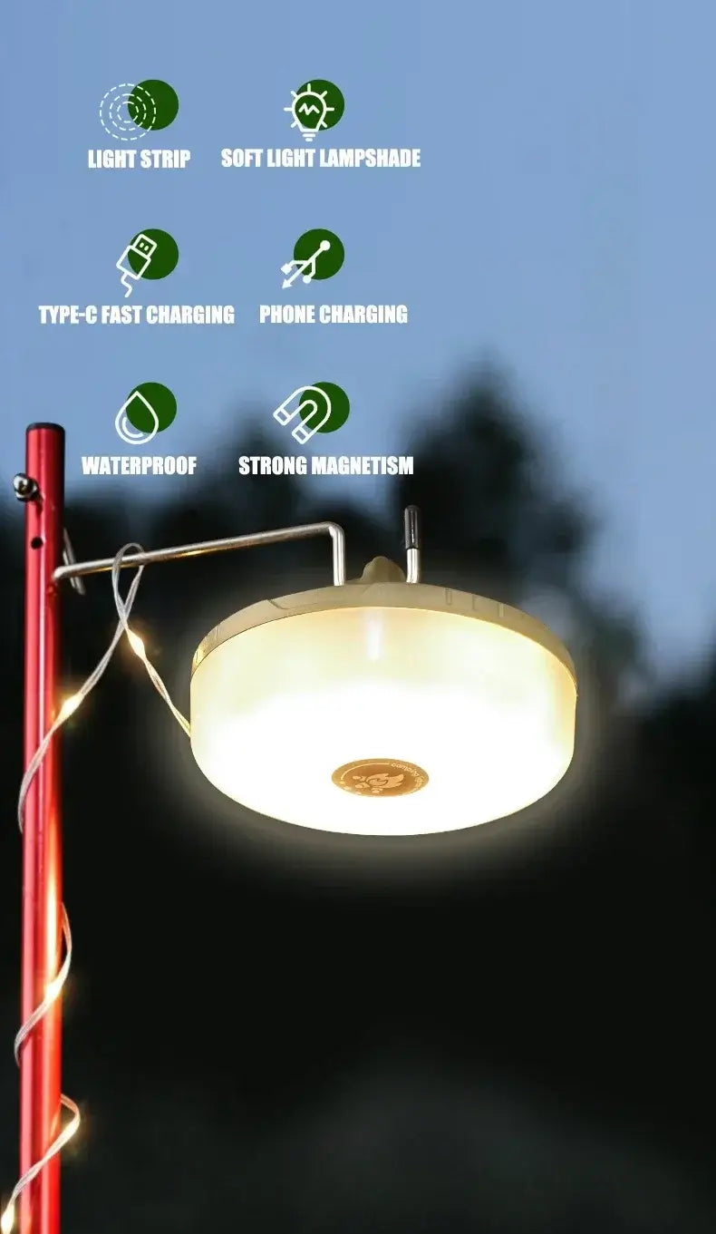 Multifunctional 4 in 1 Design Camping Light String USB Rechargeable Outdoor Tent Decor Light XTE LED Flashlight with Magnet Hook
