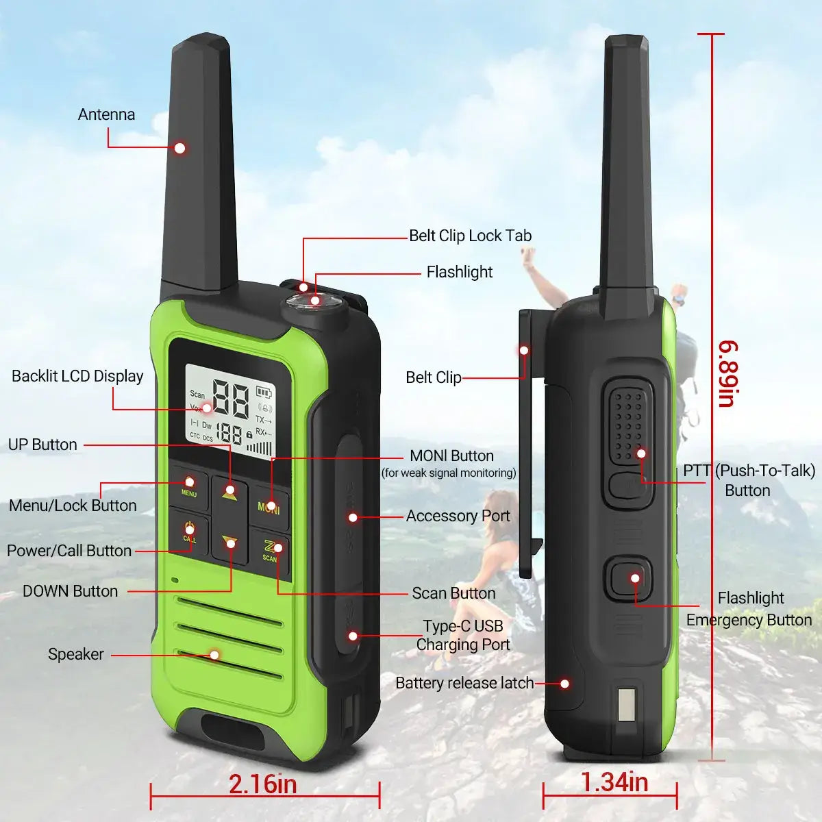 2pcs Walkie Talkie PMR FRS Long Range Rechargable Portable Kids Two Way Radio Type-C Charger for Camping Trip