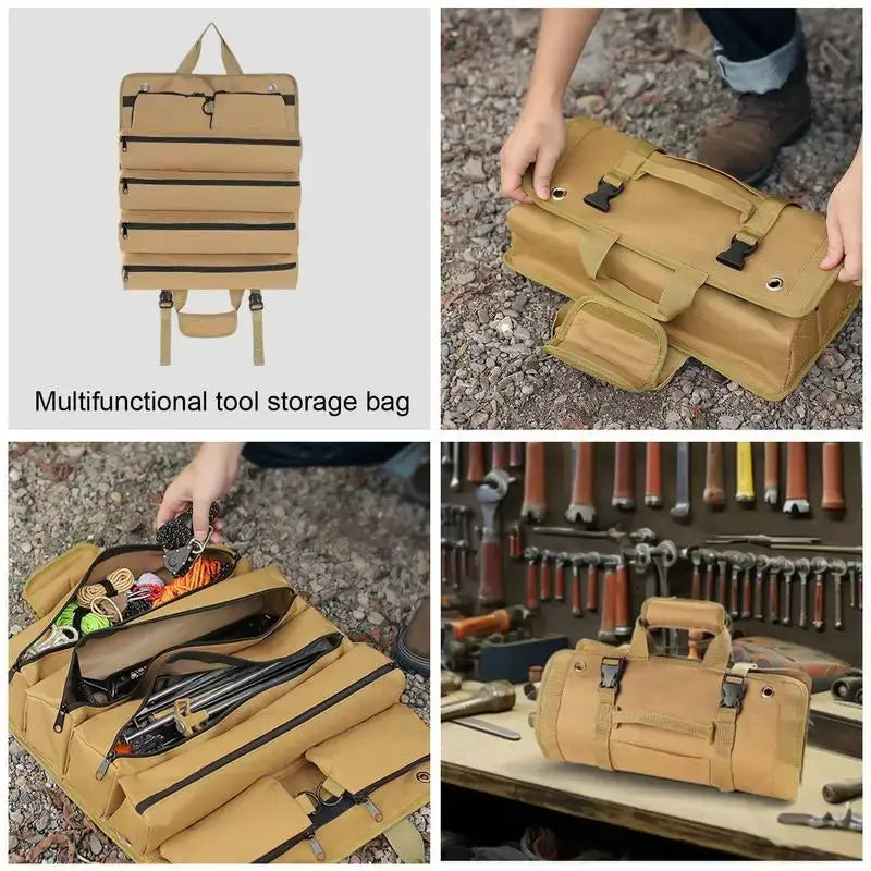 Roll Up Bag Multi Pockets Heavy Duty Canvas Tool Bag Waterproof Oxford Cloth Outdoor Camping Kitchenware Storage Bag