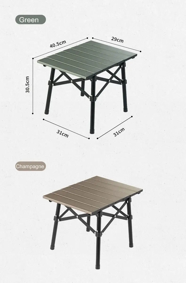 Naturehike Aluminum Alloy Folding Table in Green and Champagne colors, showcasing dimensions for outdoor camping and picnics.