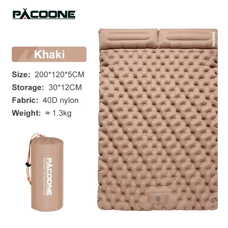 Khaki outdoor camping double inflatable mattress, 200x120x5cm, 40D nylon, lightweight at 1.3kg, includes storage bag.