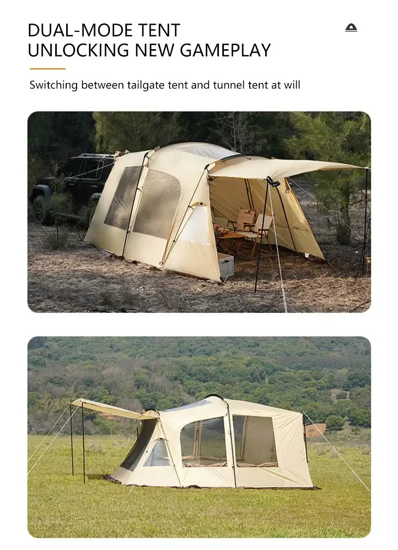 Dual-mode camping tent showcasing tailgate and tunnel designs in outdoor settings, highlighting versatility and comfort.