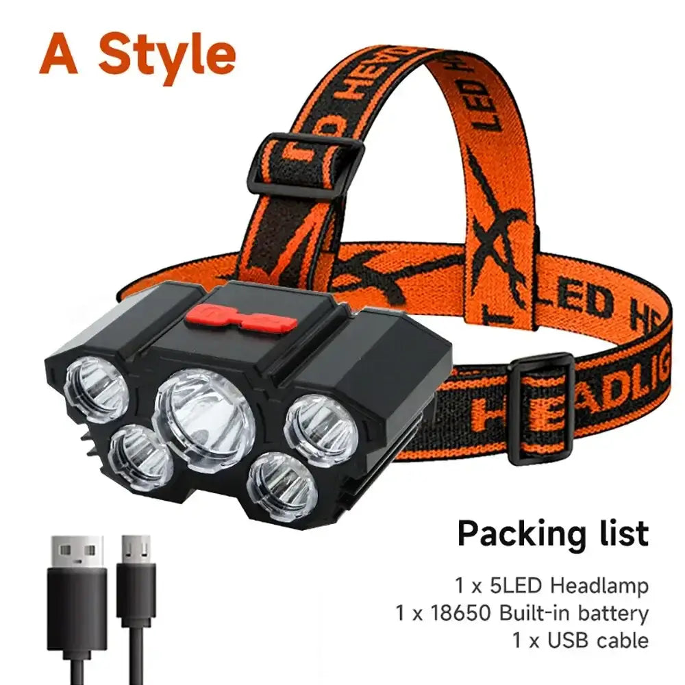 5 LED Flashlight Rechargeable with Built in 18650 Battery Strong Light Camping Adventure Fishing Head Light Headlamp