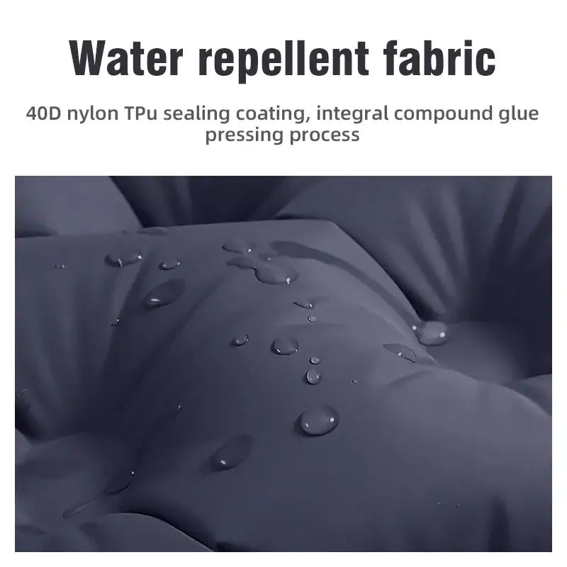 Water repellent fabric of outdoor camping mattress showcasing 40D nylon TPU coating and integrated glue pressing process.