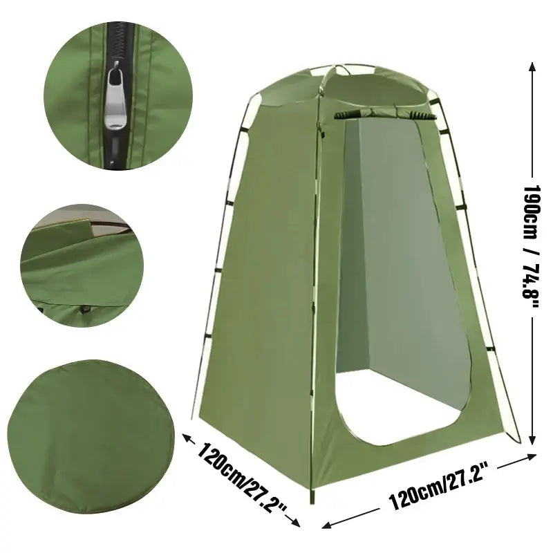 Portable green privacy shower tent with dimensions, zipper details, and foldable design for outdoor use.