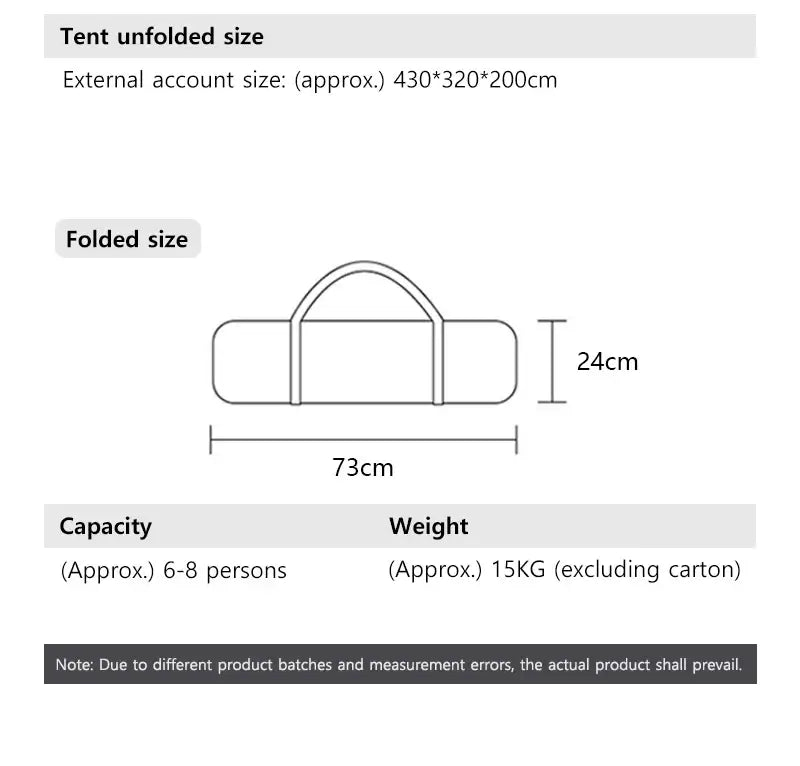 Trunk camping tent size specifications for 6-8 persons, including unfolded and folded dimensions, and weight of 15kg.