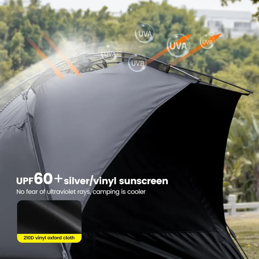 Outdoor tent featuring UPF 60+ silver vinyl sunscreen for UV protection, ideal for camping and family outings.