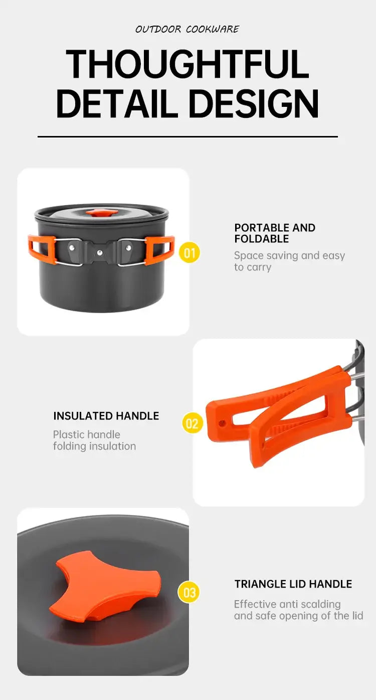 Camping cookware set for 2-3 people portable outdoor tableware for hiking picnicking travel cooking utensils kettle pot set