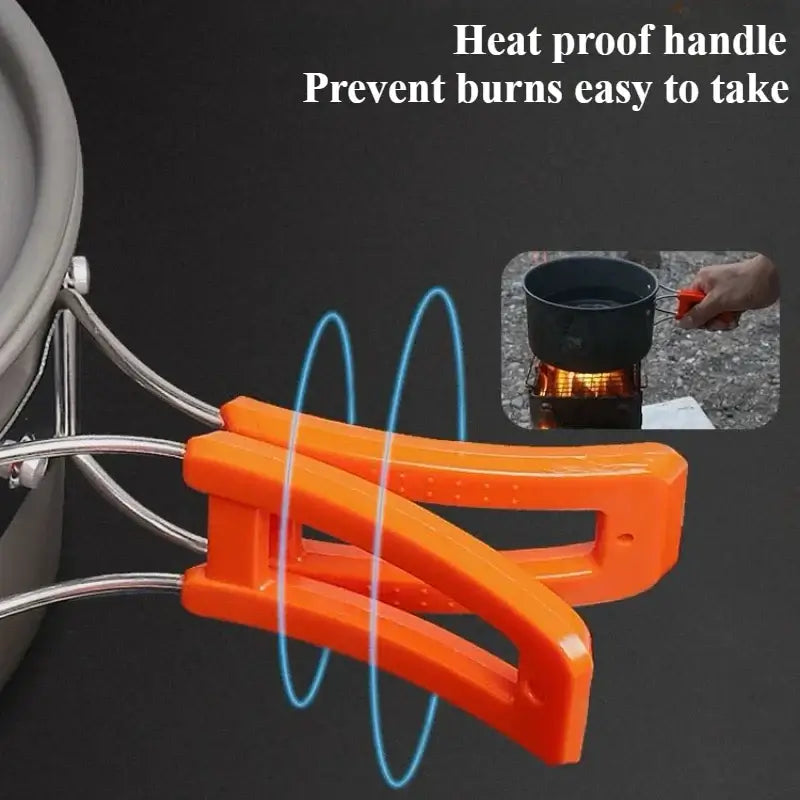 Heat-proof handle design on outdoor cookware prevents burns, ensuring safe and easy handling while cooking.