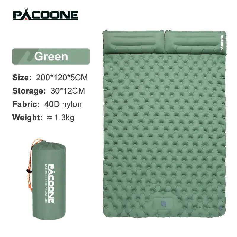 Outdoor camping double inflatable mattress in green, made of 40D nylon, dimensions 200x120x5CM, features built-in inflator pump.