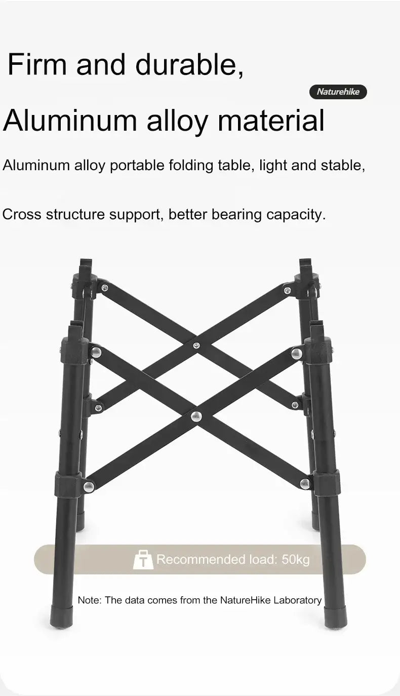 Naturehike aluminum alloy folding table with cross structure support, showcasing lightweight and durable design for outdoor use.