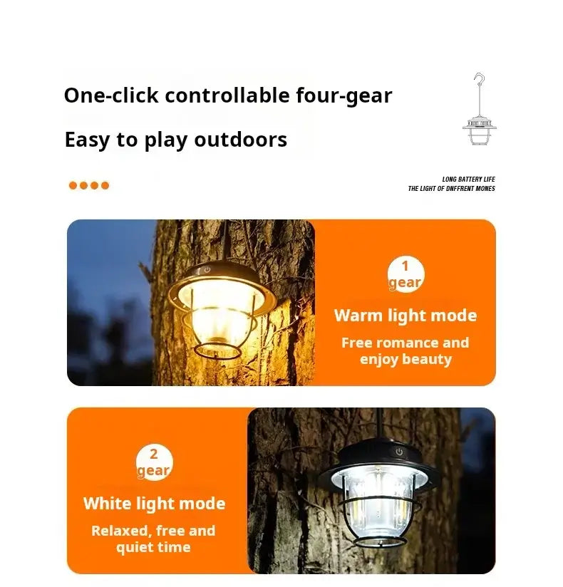 LED Camping Lamp Retro Hanging Lamp Portable Stepless Dimming Camping Light Waterproof Rechargeable Outdoor Light Lantern