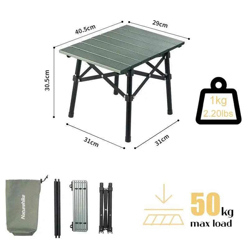 Naturehike aluminum alloy folding table dimensions and specifications for outdoor camping and picnics. Max load 50kg.