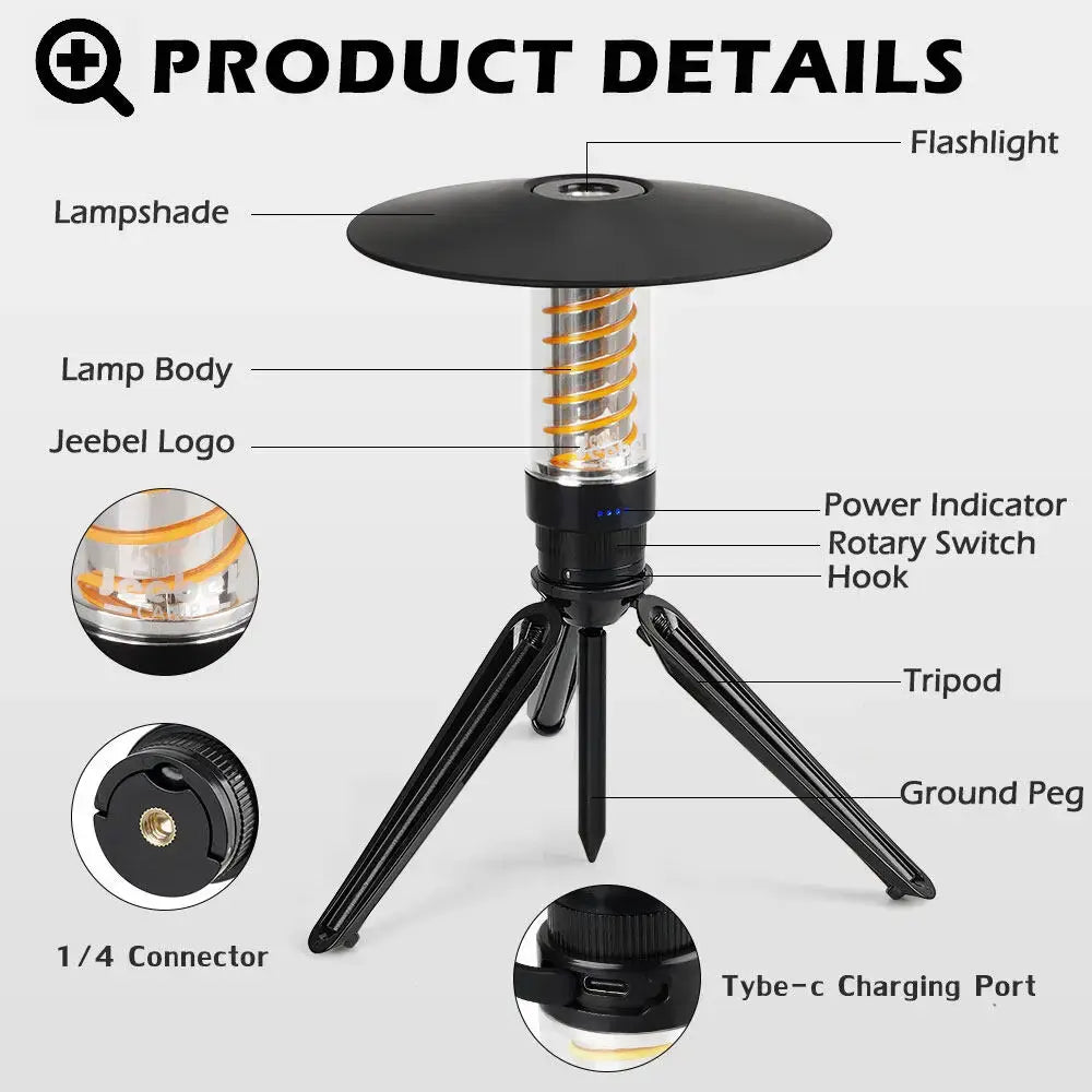 Rechargeable Waterproof Multipurpose Flashlight, Outdoor Camping, Retro Lantern, Adjustable, 2600mAh, Edison Light