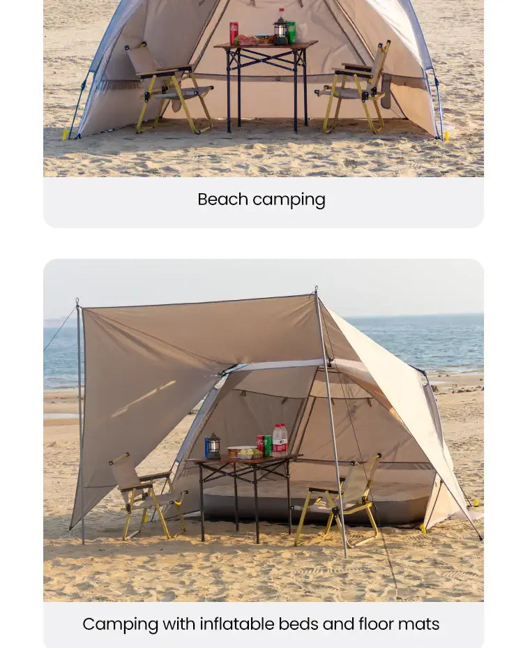 Family camping setup on the beach with a tent, table, chairs, and inflatable beds for summer outdoor adventures.