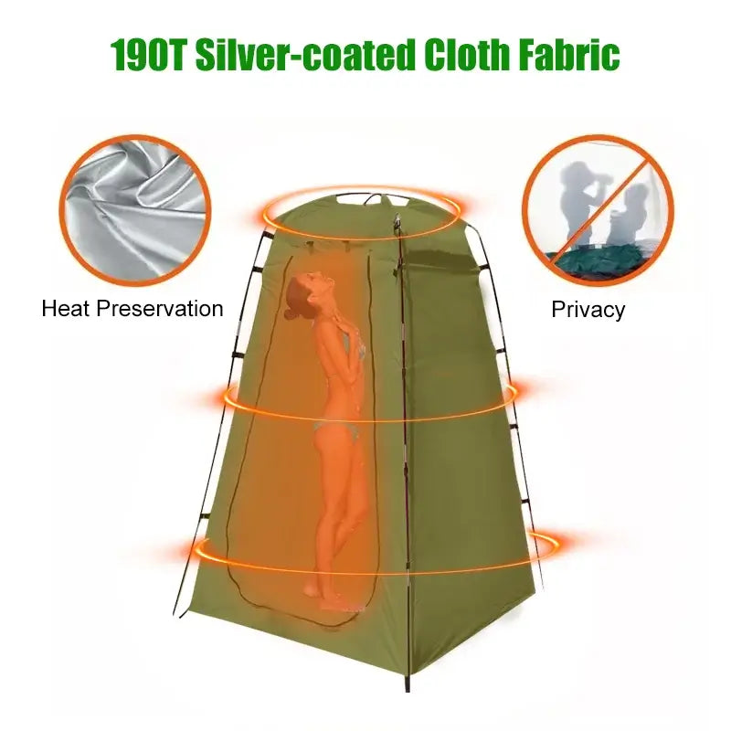 Portable shower tent with 190T silver-coated fabric for heat preservation and privacy during outdoor use.