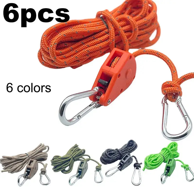 6pcs Reflective Camping Tent Guy Rope Tie Down Fastener Fixed Buckle Pulley Tensioner Ratchet Hangers Awning Wind Rope Outdoor