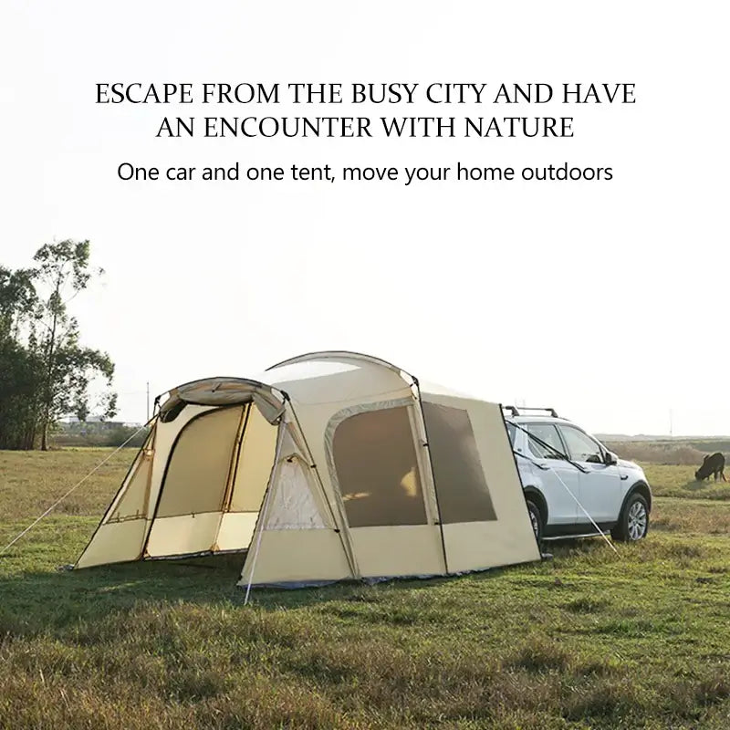 Tent set up next to a car in nature, promoting outdoor camping and escape from city life.