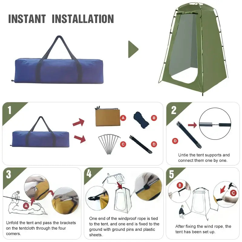 Instant installation guide for portable privacy shower tent with step-by-step visuals and setup instructions.