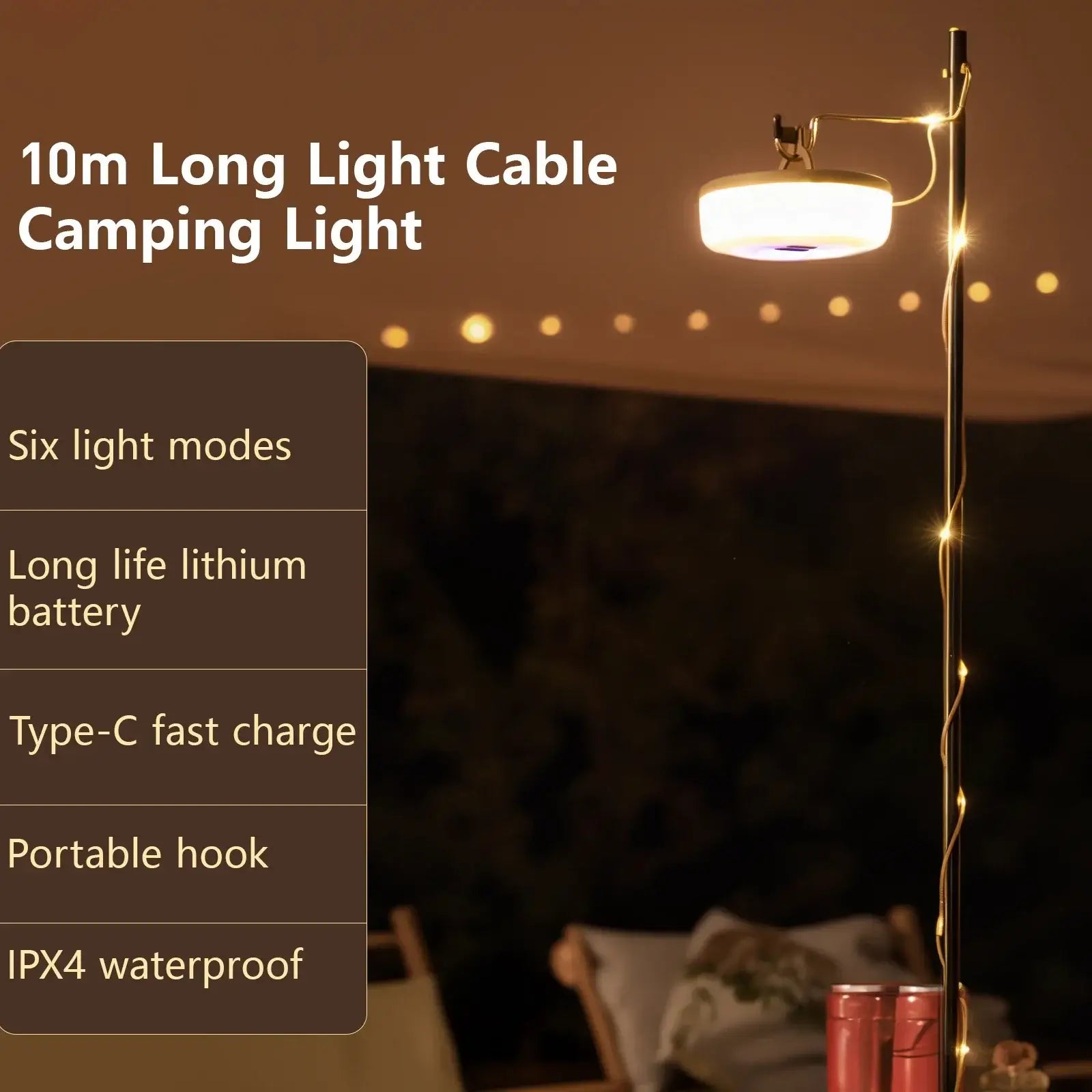 Camping String Light USB Charging Lantern 1800mAh,IPX4 Waterproof,Rechargeable Flashlights