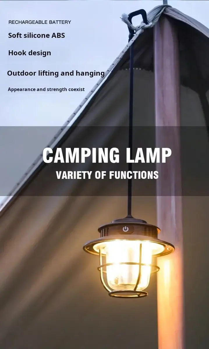 LED Camping Lamp Retro Hanging Lamp Portable Stepless Dimming Camping Light Waterproof Rechargeable Outdoor Light Lantern