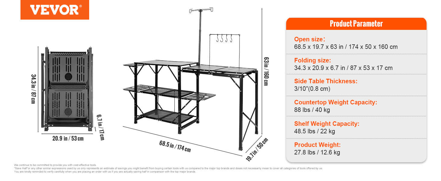 VEVOR Camping Kitchen Table with Sink, Aluminum Folding Portable Outdoor Cook Station, for Picnic BBQ Beach Traveling