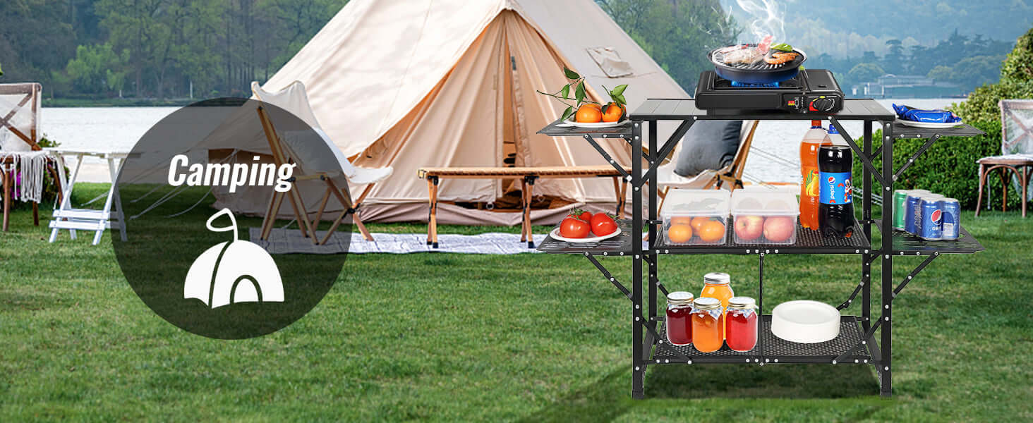 VEVOR Camping Kitchen Table One-piece Folding Portable Cook Station Aluminum Camping Folding Table for Outdoor Picnics BBQ
