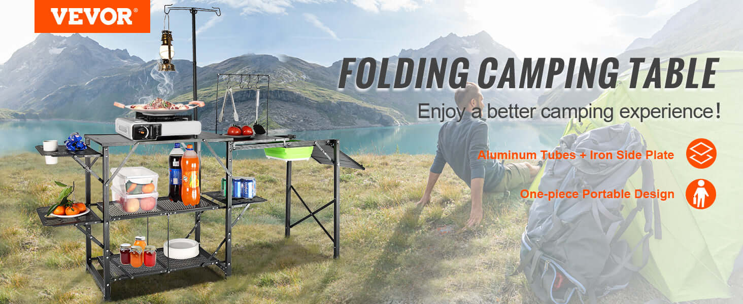 VEVOR Camping Kitchen Table with Sink, Aluminum Folding Portable Outdoor Cook Station, for Picnic BBQ Beach Traveling